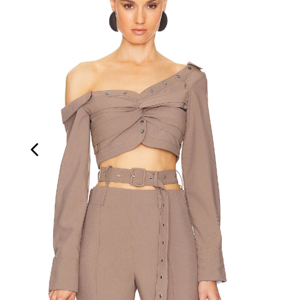 Rokh Asymmetric Twist Crop Blouse in Taupe
